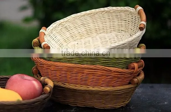 Rattan fruit basket and tray with wood handle