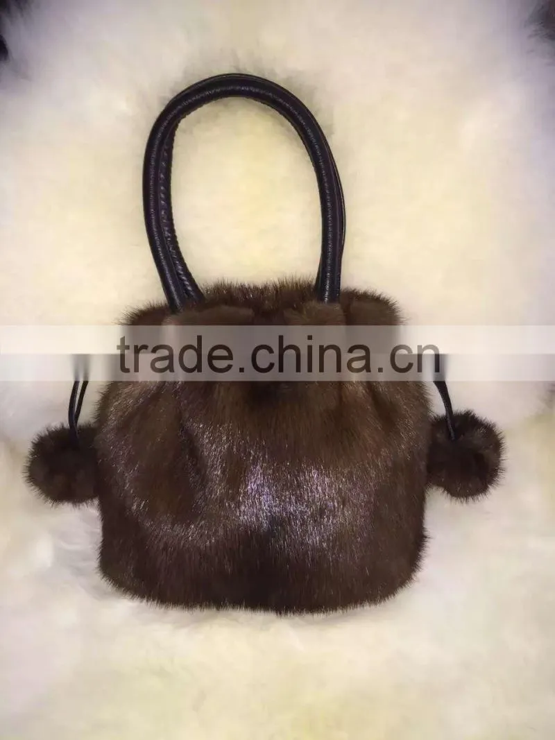 Korea style mink fur handbag with mink fur pompoms for ladies