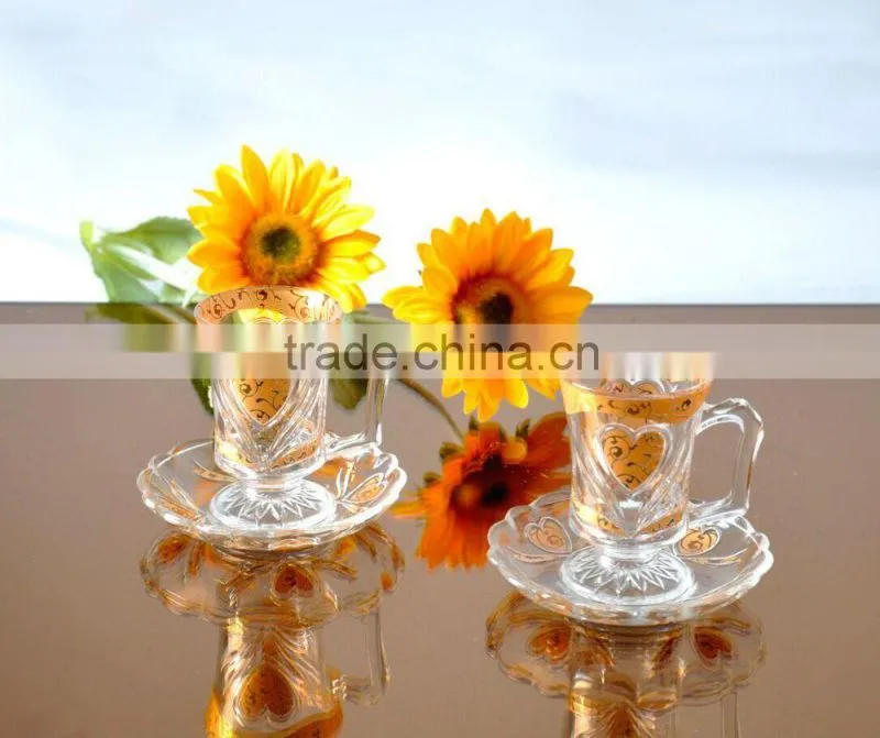 small round decal tea glass cup and saucer set