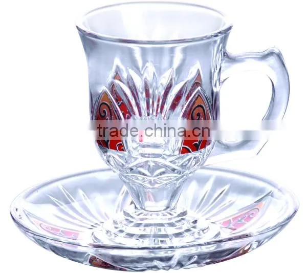Decal tea glass cup and saucer set