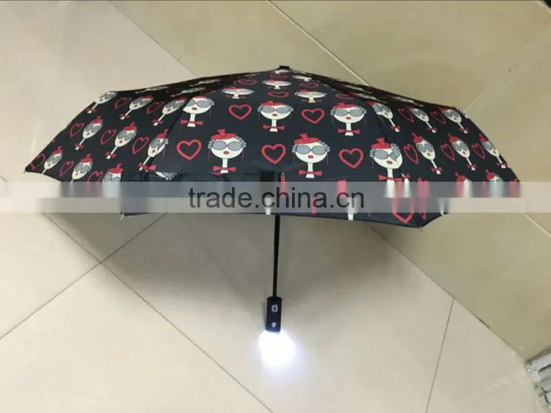 2017 umbrella with flashlight,LED umbrella,promotion advertisement 3 fold automatic umbrella
