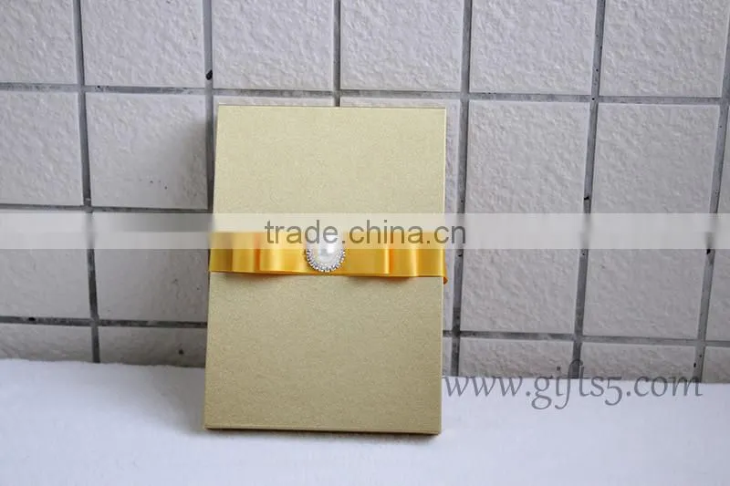 Luxury handmade gold wedding invitations box with ribbon bow