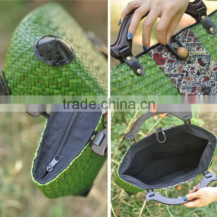 Hot selling cheap thailand straw bag green handmade beach bag