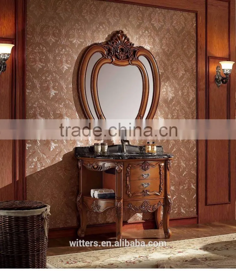 High quality natural marble antique solid wood bathroom cabinet with apple mirror WTS1607