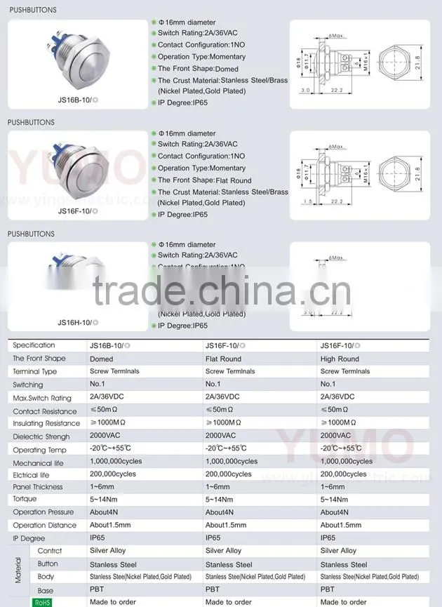 JS16F-10-J-N ROHS 16mm flat round 1NO momentary screw terminal 2A/36VDC push button switch elevator push button