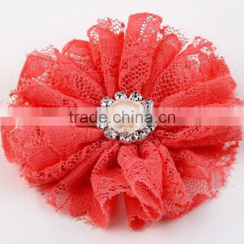 lace flower with pearl rhinestone in center for kids hair accessories