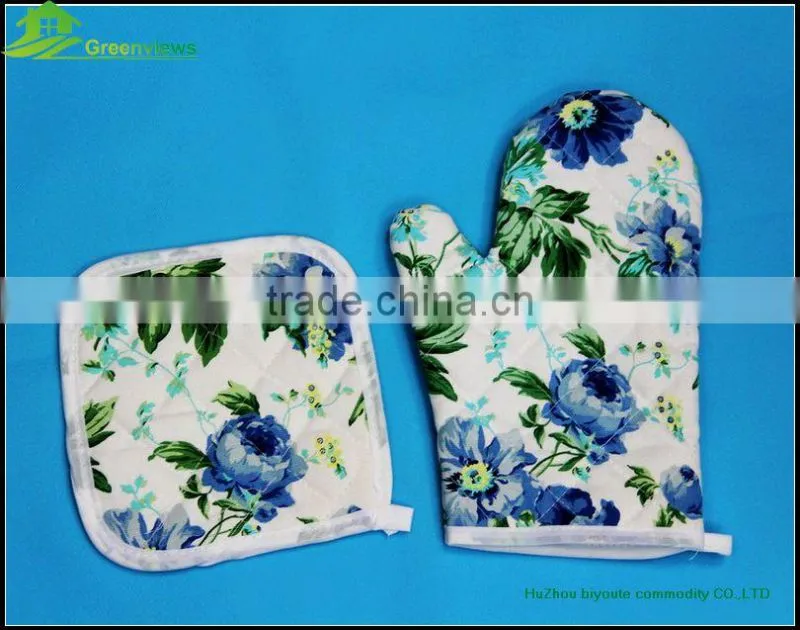 Cotton printed yellow stripe oven mitt & pot holder Factory Eco friendly pot holders and oven mitts 2 kitchen sets-oven
