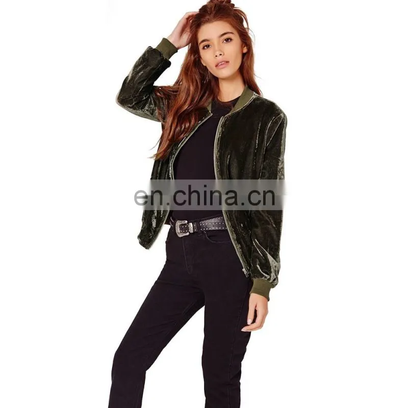 2017 hotsale women's latest fashion zipper collar silk velvet bomber jacket