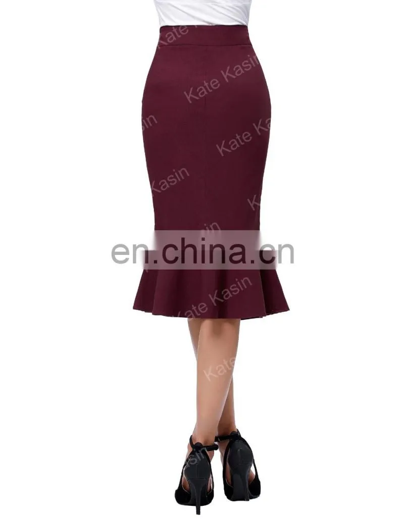 Kate Kasin Occident Women's Fashion OL Causal Wine red Mermaid Hips-Wrapped Pencil Skirt KK000241-2