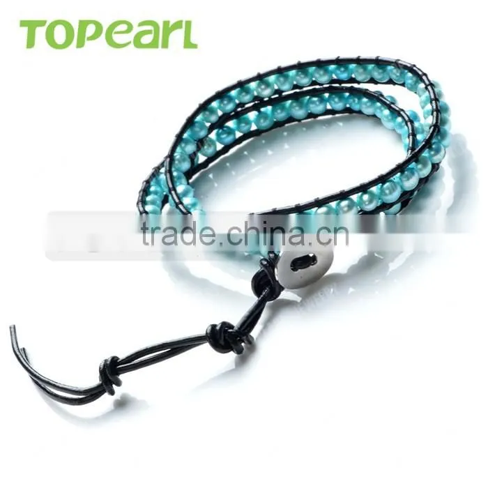 Topearl Jewelry 2016 Potato Shape Blue Freshwater Pearl Bracelet Woven Leather Wrap Funky Bracelets for Girls CLL161