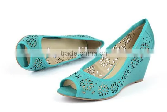 Fashion green color peep toe laser upper wedge heel women shoes