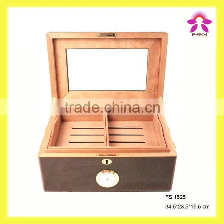 Noble Exquisite Wooden Luxury Fabric Cigar Humidor Gift Boxes with Glass Lid Cabinet Hygroscope Storage Glasstop Tobacco Box