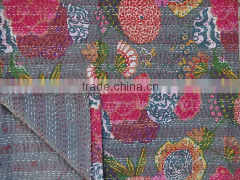 Tropical Kantha Handmade Quilt, Queen Size Reversible Kantha Bedding, Handstiched By Artisians of India, Hand Art Kantha Work