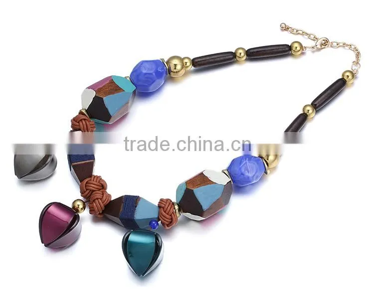 Women Necklace Wood Round Circle Pendant Pattern Sweater Chain Long Necklace
