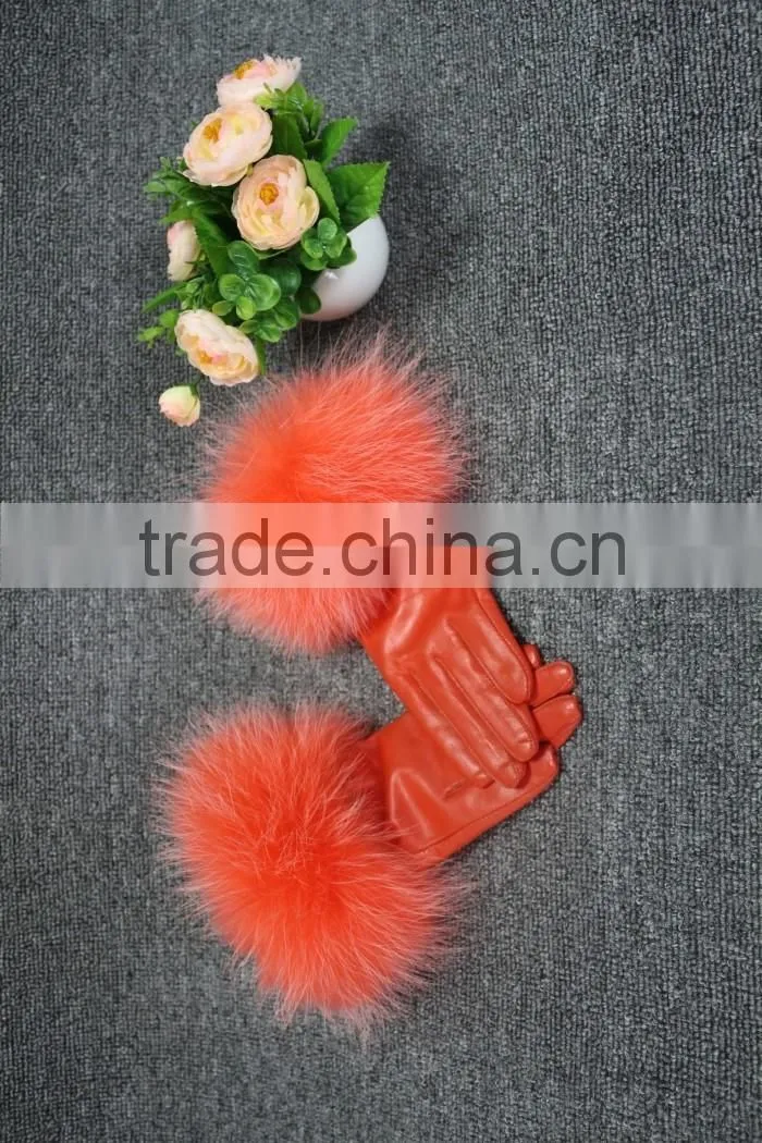 fashion sheep leather gloves women touchscreen raccoon fur cuff leather gloves