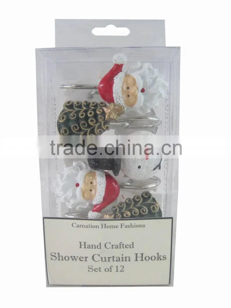 Christmas series shower curtain&12pcs decorative resin hooks set