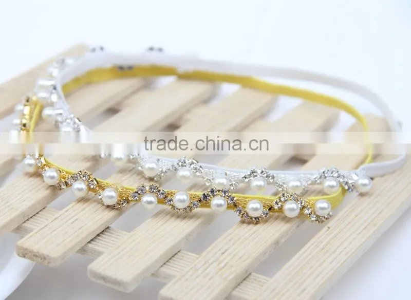 Newborn baby Rhinestone pearls elastic headband hair accessories / glitter crystal diamond ribbon silk jewelry on sale