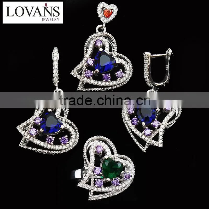 925 Silver Jewelry Wholesale Amethyst Earrings Zircon Jewelry Set Heart TZ-0169