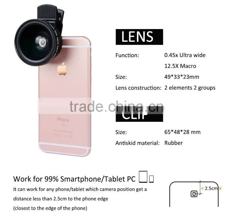 Newest Premium Quality 0.45X HD Super Wide Angle Lens 12.5X Macro 2 in 1 Lens Kit for iPhone 6S SE 5S Huawei HTC