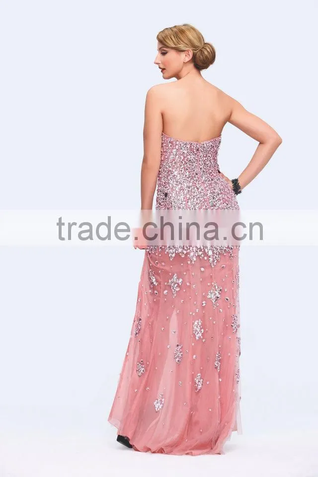 2014 Latest design off-shoulder sexy high slit pink evening dress celebrity evening dress
