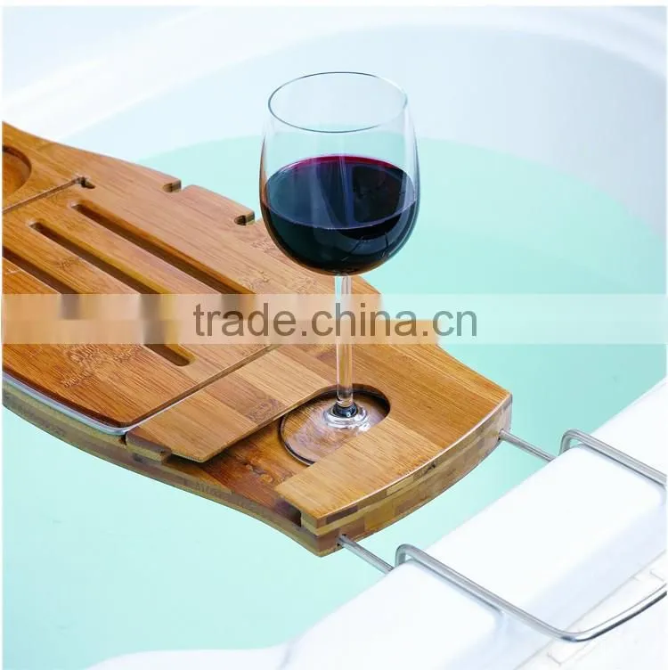 Non-Slip Bamboo Bathtub Caddy with Extending Sides Adjustable Handcrafted Bath Tray with Reading Rack Wine Holder Cellphone Tray