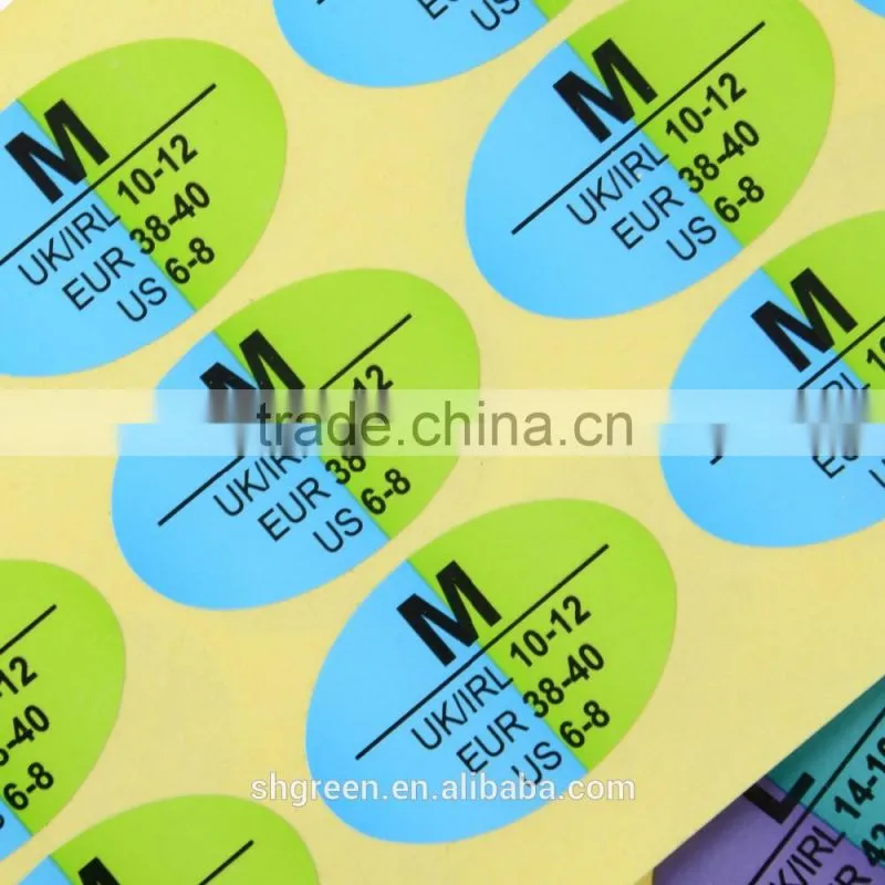 Colorful size sticker for garment