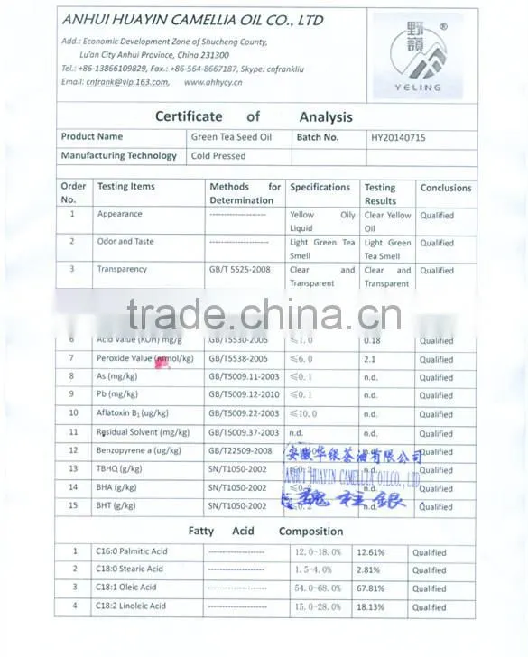 100% Pure Organic Green Tea Seed Oil/Top Manufacturer & Drafter for National Standard
