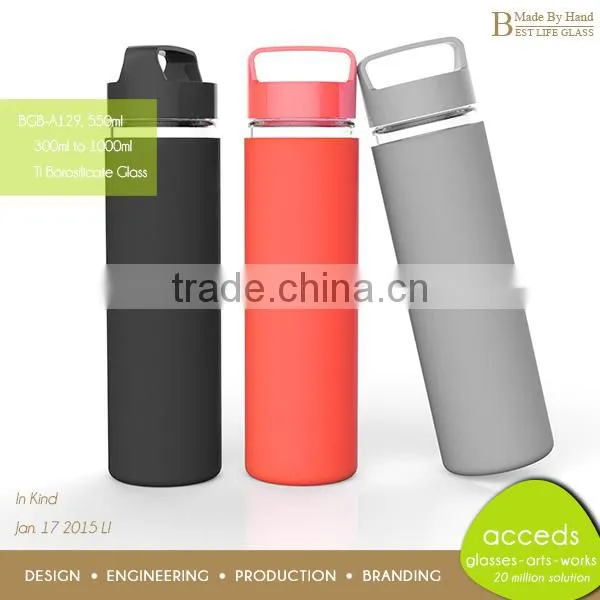 Foodgrade Portable Sport Borosilicate Manufacture of Glass Bottle With Silicon Sleeve