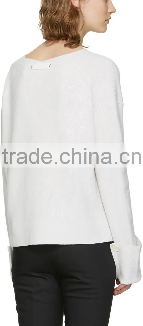 Women Wearing Sexy Design V Neck Blank White Sweater with Rolled Cuffs with Buttons
