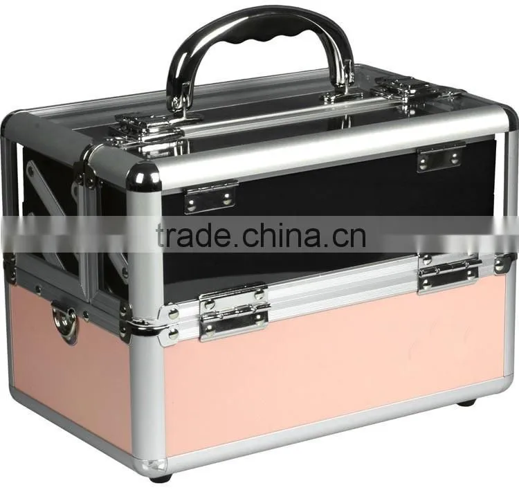 Aluminum Makeup Train Case Clear Acrylic Top, Travel Cosmetic Box w/2 Trays, Mirror and Shoulder Strap,Pink Beauty Cosmetic case