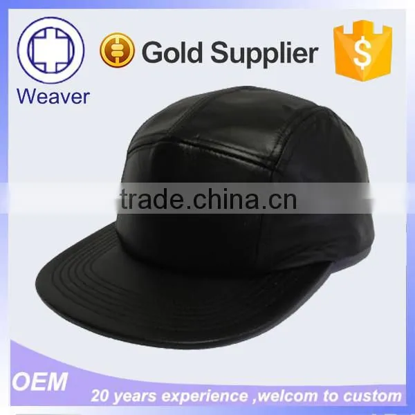 Blank China Good Wholesale Black Leather Strap Faux Leather 5 Panel Hat Manufacture