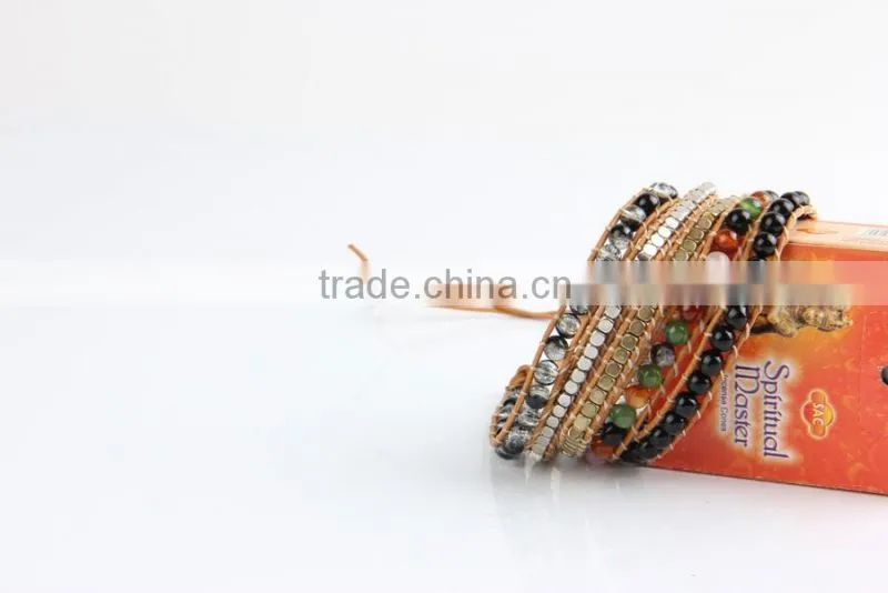 Exclusive Flower Amazonite with Gold Beads 5 Strands Weave Leather Wrap Bracelet Multi Layered Vintage Bracelet