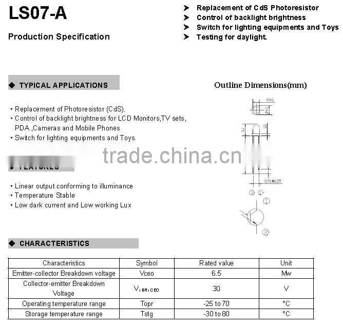 Light sensor LS07-A 3mm replacement of LDR sensor RoHS compliant Pb-free Cd-free