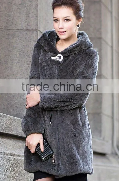 fashionable rex rabbit fur coat with silver fox fur collar