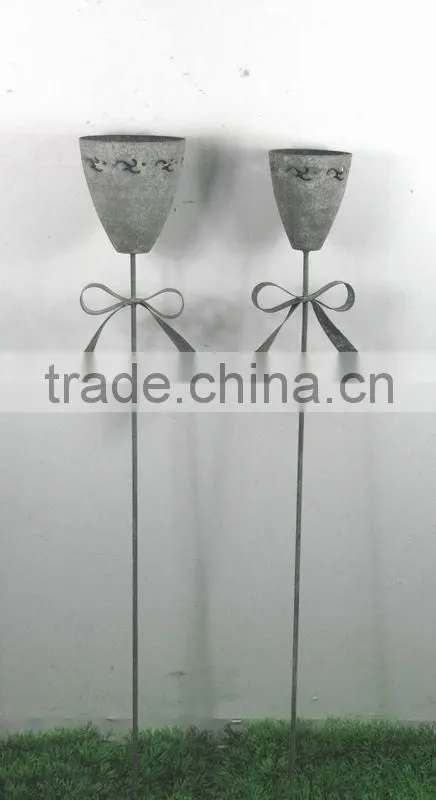 S/2 Ribboned Metal Flower Sticks w/ Pots