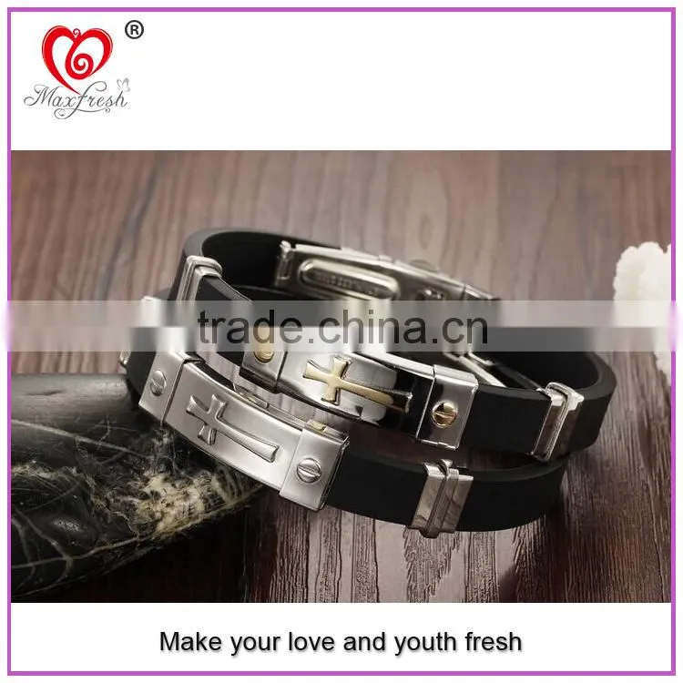 Chinese Manufacturer Maxfresh Stainless Steel Jewelry Bracelet with Genuine Leather length adjustable
