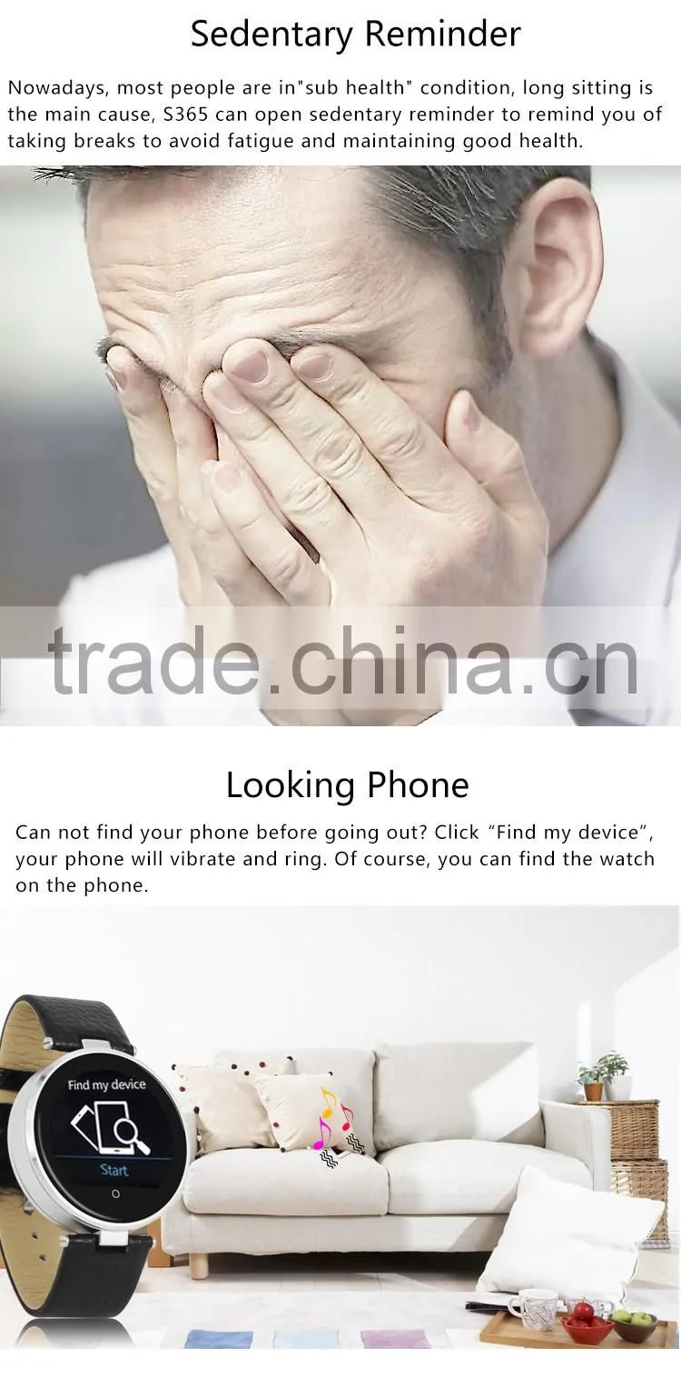 IOS & Android Bluetooth 4.0 Round Smart Watch S365 with SOS/G-sensor/Voice/Speaker for apple iphone 6 plus/6 Samsung S6 edge/S5