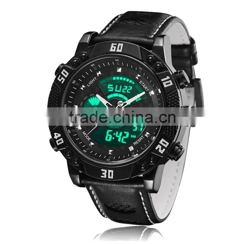 WJ-5446 genuine leather strap IP plating high quality double show Ohsen waterproof men sport watch