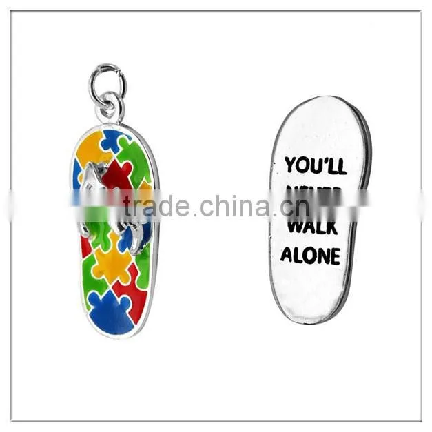 Custom Never Walk Along Autism Awareness flip flop Puzzle charm