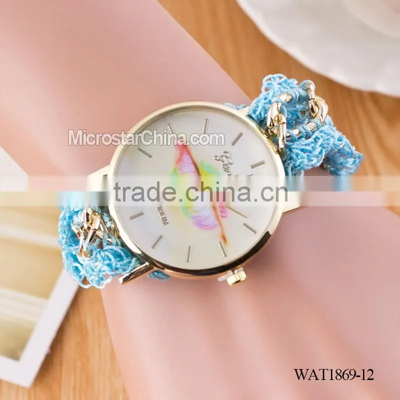 Women New Classic Geneva Ethnic Braided Analog Quartz Chain lips watch strap
