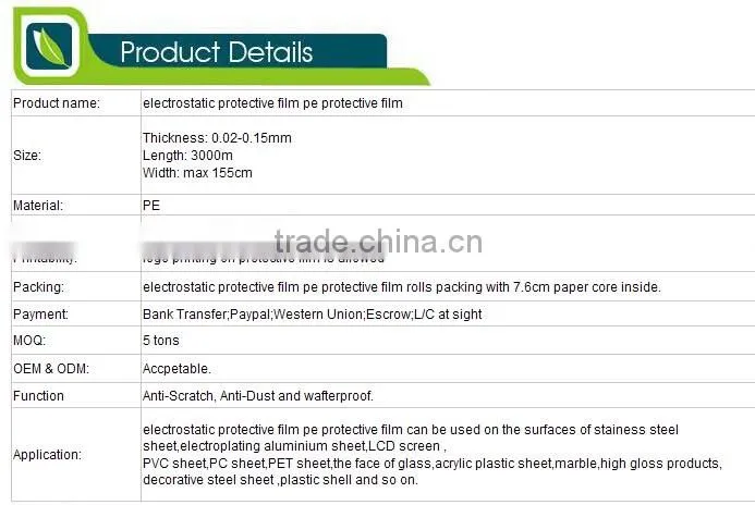 Top grade Optical Level PE Electrostatic Protective Film