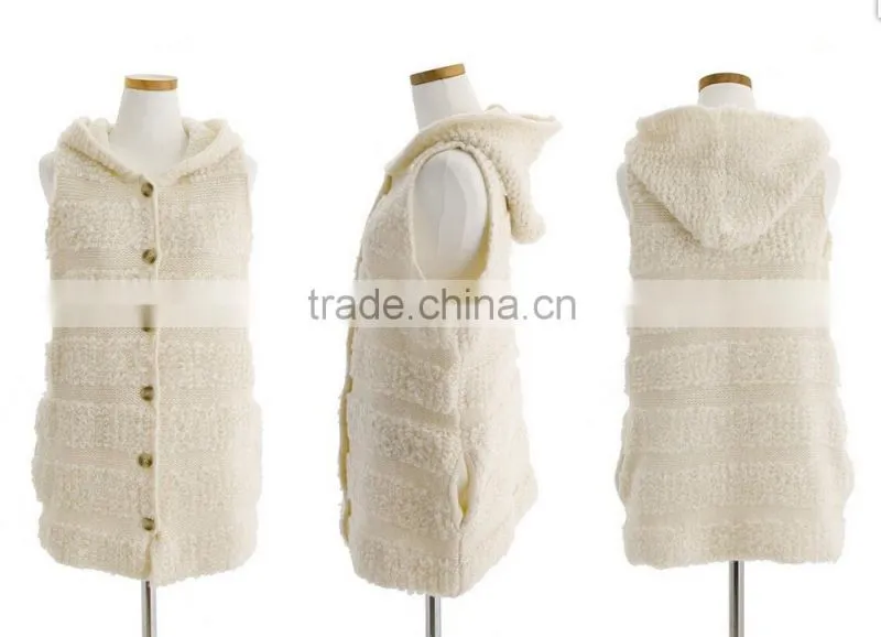 Hot selling cardigan sleeveless hooded womens knitted sweater vest