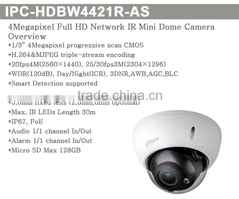 Original Dahua 4MP IPC-HDBW4421R-AS IP network camera Support POE & Micro SD storage Audio alarm