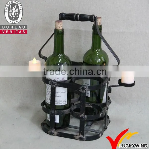 antique side slatted Wooden Wine Holder with metal handle