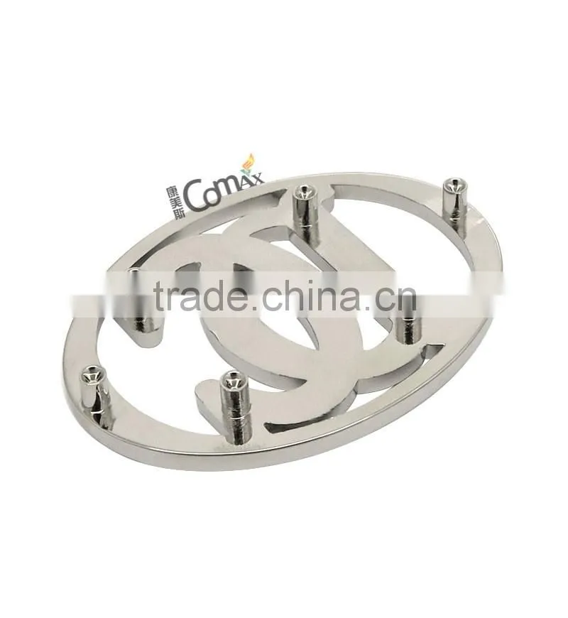 Oval hollow letters silver custom metal logo labels for handbags