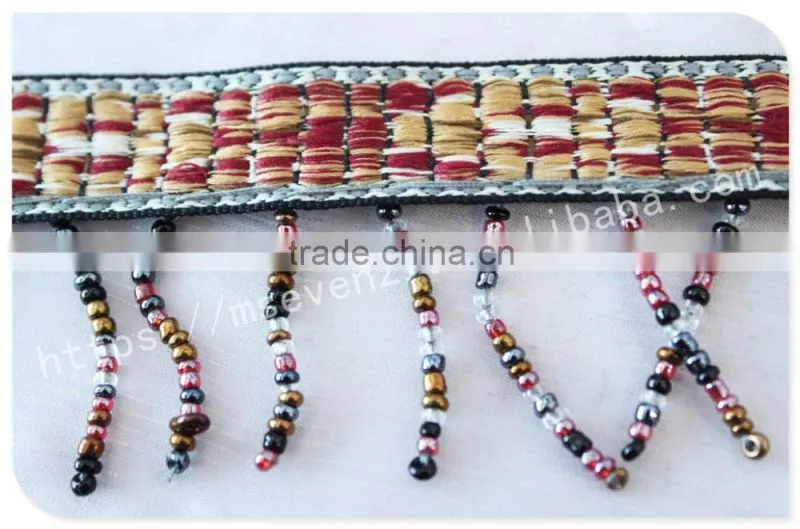 Newest design 5 cm width ethnic embroidery nylon webbing with beaded fringe