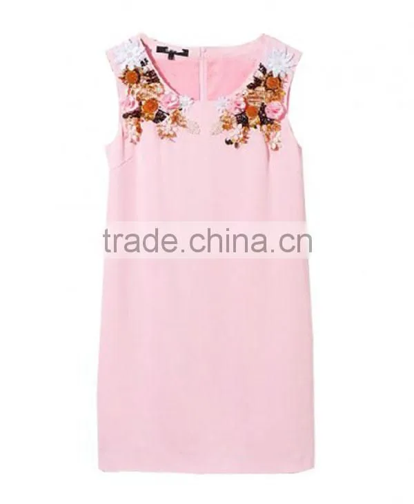 High fahsion stylish sleeveless round beaded flower neck design pink color plus size women clothing