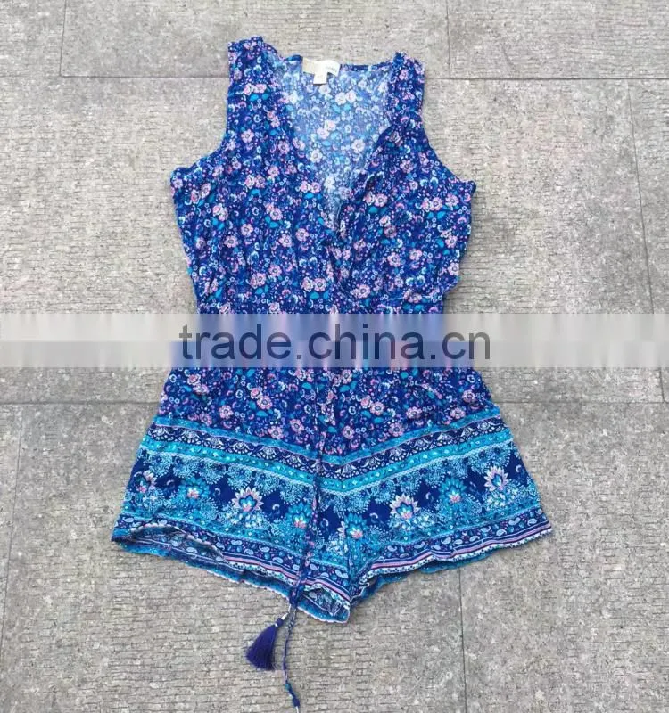 women excess stock lots full print 100%rayon cheap jumpsuit