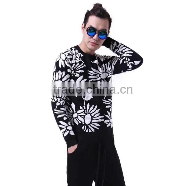 Jacquard allover flower patterns crew neck men pullover sweater