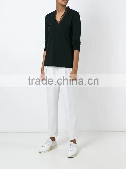 Custom Women Long Sleeve V Neck Plain T-Shirts,New T Shirts Design V neck Black blank plain t shirt for women